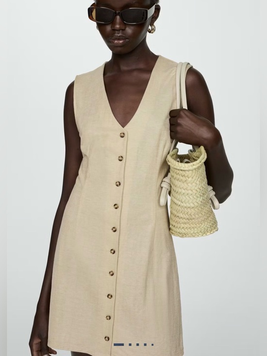 Mango Dresses & Skirts - NWT Mango Mini Dress Button Up V-neck Sleeveless Tan /Oat Size S